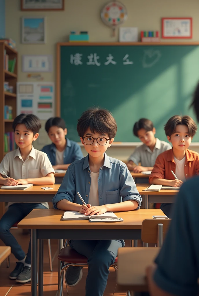 Realistic style, 14-year-old male students, wearing navy blue physics uniforms, at blue student desks with math books
