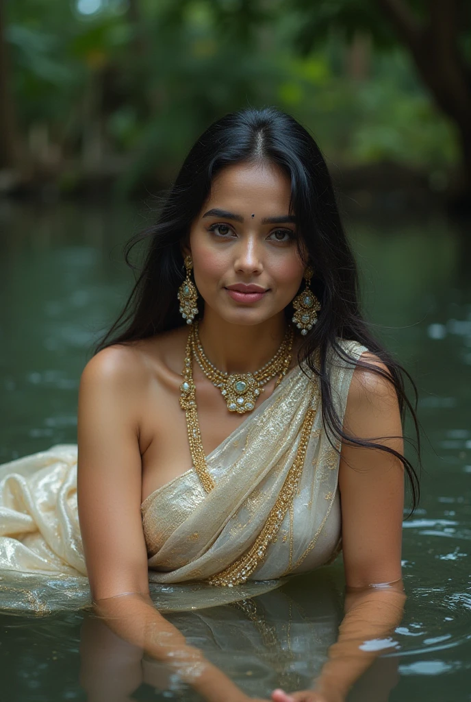 A breathtaking water nymph, with flowing locks of obsidian black hair, gracefully rises from the glistening river in a magical Enchanted forest. Her enchanting beauty is enhanced by a figure that is both delicate and alluring, adorned with intricate Indian jewelry that sparkles under the dappled sunlight. Her radiant smile exudes a captivating allure, as she captures the moment with a realistic selfie, showcasing her flawless features and vibrant Indian goodness. The bustling street of a quaint UK town serves as the backdrop, adding an unexpected juxtaposition to the ethereal scene. This masterpiece of a picture, taken by the renowned Ellen von Unwerth, captures the essence of the nymph's divine presence, with every detail meticulously rendered in ultra-high-resolution. The