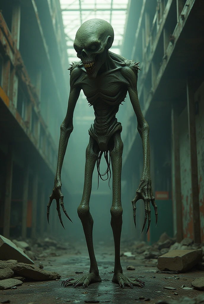 A tall creature with four tentacles as feet and two long arms and a small head and green skin with grey. With a background of an abandoned experiment laboratory