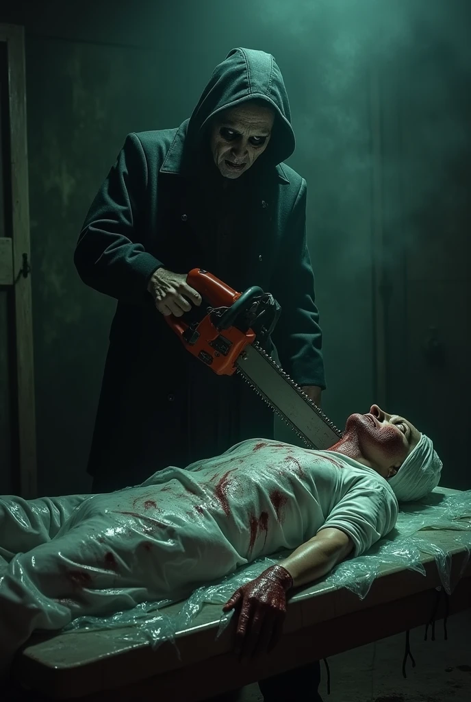 a female undead nurse taking a selfie next to a mummified patient on a bed, dilapidated disturbing hospital room, highly detailed, photorealistic, cinematic lighting, dramatic atmosphere, dark moody colors, intricate textures, gothic horror, 8k, best quality