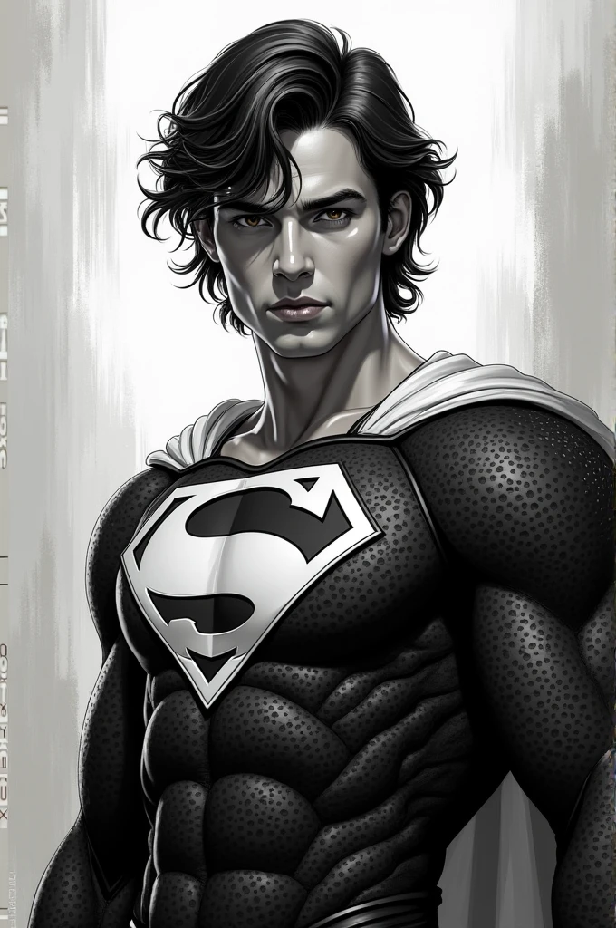 Make a superhero with the shield in the middle like Shazam's, only instead of the lightning bolt it's the letter A and improve the suit like black and white and with a black and white sweatshirt but you can put the hair messy and on the face above the eyebrow but so that it doesn't look so messy and above the eyebrow and the full body can be seen and to be a man, apart from that I need the hair to be all over the forehead and the FULL BODY to be seen