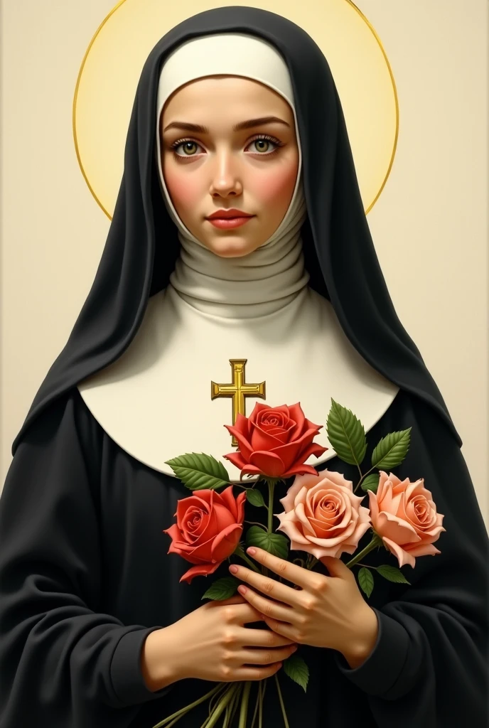 Generates an image of Saint Therese, dressed in a brown habit, black veil, a light yellow cloak over the habit, a religious nun, holding a bouquet of roses vermelhas and a crucifix. she is portrayed with a contemplative expression, reflecting his deep spirituality and communion with God, she has on average 24