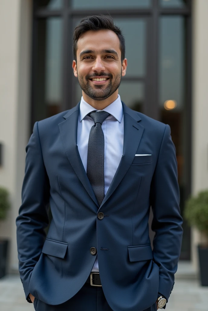 Arafed man in a suit and tie standing in front of a building - SeaArt AI