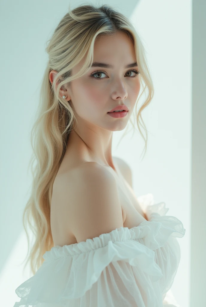 RAW photos, ((((Portrait of extreme beauty))), (((Radiant white beautiful skin)), 1 girl, 1 pretty beautiful girl, ((blonde of bright various colors with glossy)), disheveled hair, hair hanging in front of the face and clinging, [Attractive whitish blue eyes], silky fine hair, ponytail, eyeliner, bangs, hair between the eyes, fluttering hair, a little smile, ((masterpiece, top quality, Ultra detail, film light, complex detail, high resolution, 8k, very detail)), detailed background, 8k uhd, dslr, soft light, high quality, film grain, fujifilm XT3, shallow depth of field, natural light, (perfect hands), sexy and perfect beautiful face, Earrings, small and perky breasts, High Value Cross Beautiful Back Underwear Women, Small Breasts, Push Up Sexy Breasts, Adjustable Bra Set Without Steel Ring