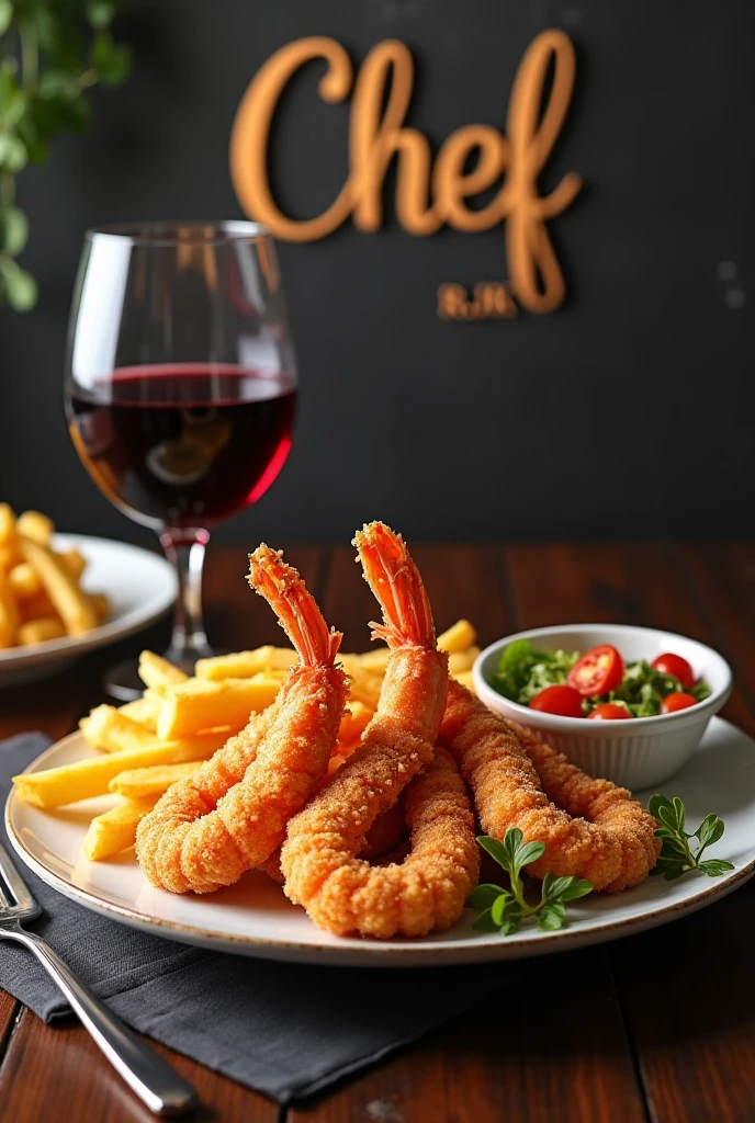 Jambo Prawn breaded with french fries accompanied by a salad, plus a comma of luxury plated red wine ,  in the background of a sign that says chef Rjk