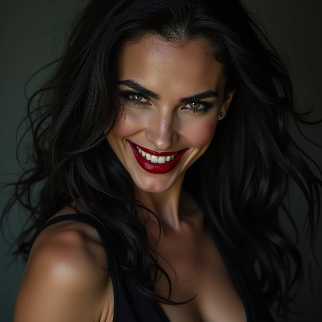 close-up, extreme close-up, close-up portrait, portrait, ultra realistic, photography, long black straight hair in a ponytail, elegant hair, (30 years old, hazel eyes, hourglass figure, perfect fit body, natural big breasts), firtatious look, crimson red lipstick, femme fatale, long eyelashes, cat-eye make-up, sportbra, laugh, white teeth