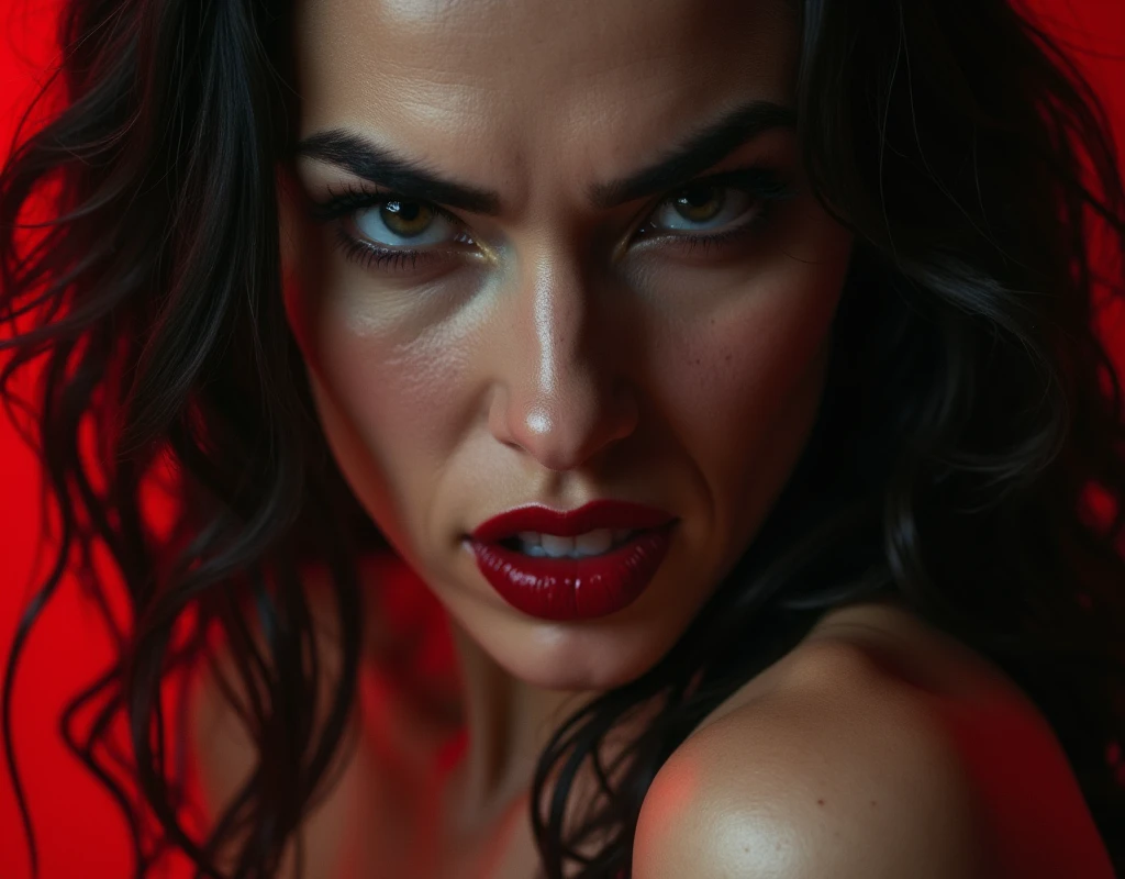 Cristina Scabbia, cinematic, (realistic), wearing (black dress with cleavage), modelshoot style, 4k, high detail, rAW Photo, ((upper body)), atmospheric lighting, luscious lips, (eye makeup:1.1), (dark makeup:1.4), (ultra-detailed:1.2)