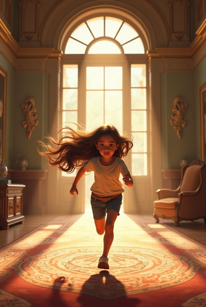 interior scenery of large enclosed shed, interior of large warehouse, large illuminated skylights. There is a large tree in the center. tree with swing in the center of the scene. ((best quality)), ((ultra res)), ((realistic)), ((intricate details)), 2 sisters running running, girls near the tree, smiling, happy, playing hide and seek, pique-esconde, 10-year-old girls, perfect face, western face, italian girl face, small eyes, small eyes, round eyes, western eyes, long dark hair, curly hair, wavy hair, flying hair, bangs, long dress, pink dress, light fabric blue dress, floating dress, bluish luminosity, childish aesthetic, nostalgic, distant point of view, panoramic, cinematic lights, wide background, diverse angles, diverse expressions, simple interior, everyday, ghibli style scene