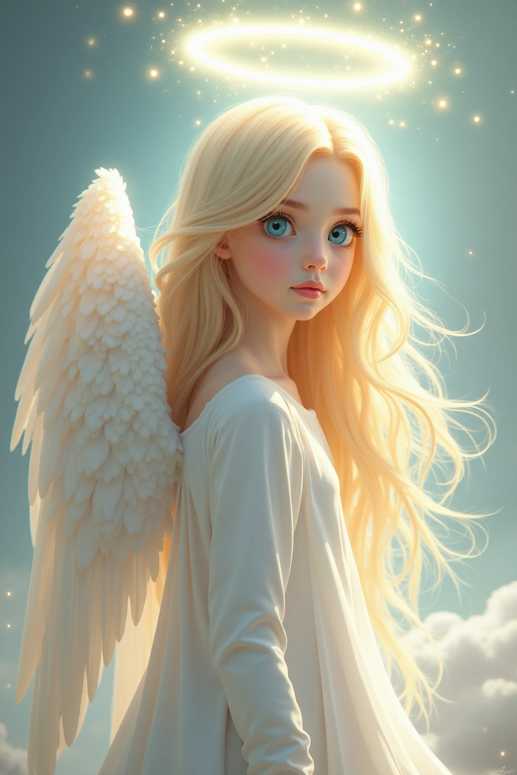 Image of a young child with long blonde hair and angel wings, de uma menina anjo bonita, Retrato de um anjo bonito, retrato bonito da menina do anjo, anjo bonito, menina com asas de anjo, de anjo lindo, menina do anjo, rosto angelical, Angelic Light, anjo da menina alada, ser angelical brilhante, painting digital adorable, anjo feminino bonito, lindas asas angelicais