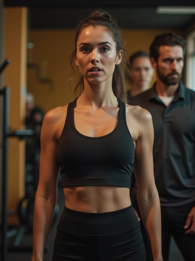 Brunette instagram influencer, dressed in older black Nike leggings and sports bra with small Nike logo, holding an ipad pro while another girl, large gym background, mirror, people working out, great lighting, candid photo
