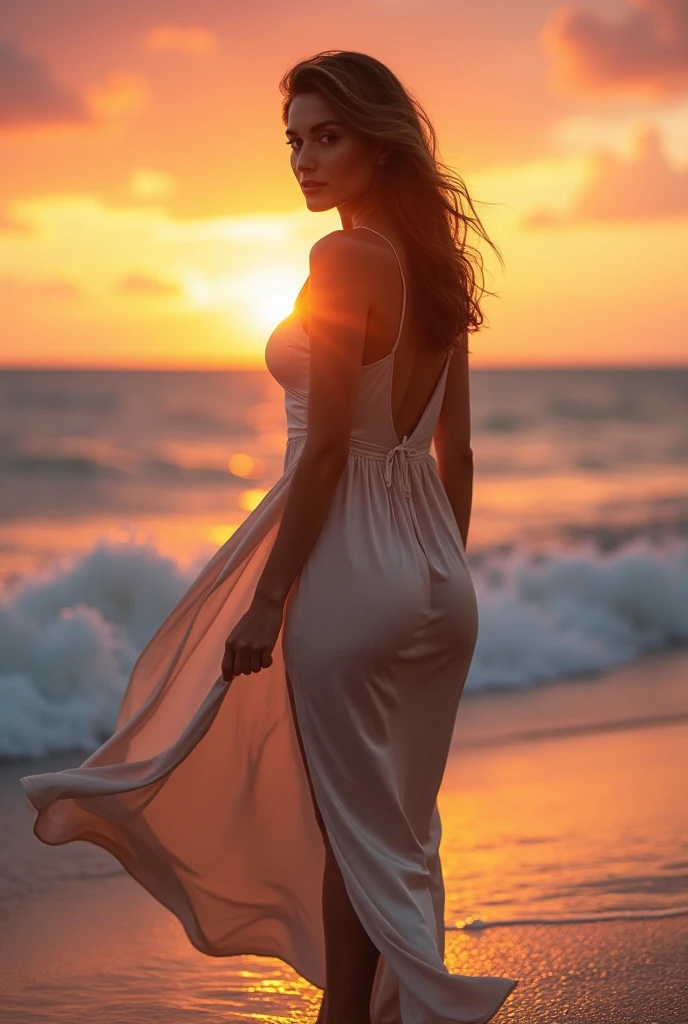 woman enjoying a stroll the beach. age 35. sunset reflecting on the ocean. volumetric light. reflection, refraction.