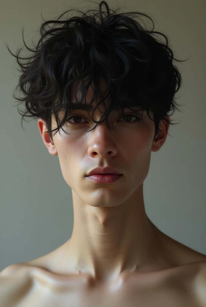L’image de la partie du ventre a sa tête d’un homme brun , de cheveux noirs et curly âgé de 20ans avec le visage flou . Il doit être à gauche d’un tableau. Ce tableau doit être horizontalment grand,  blanc et l’image en soi doit être en fond blanche