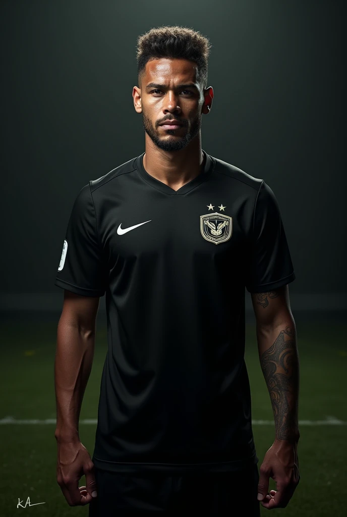 football uniform, gray vertical striped shirt, White and black; Grey shorts; blackstockings.