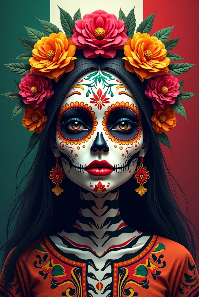 la catrina face painted motif of the day of the dead in mexico, like a crown made of roses on her forehead