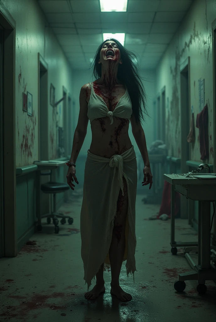 A half-naked female zombie steps out of a dark basement、Occult Horror、Whites of the eyes、Scarred faces and naked bodies。