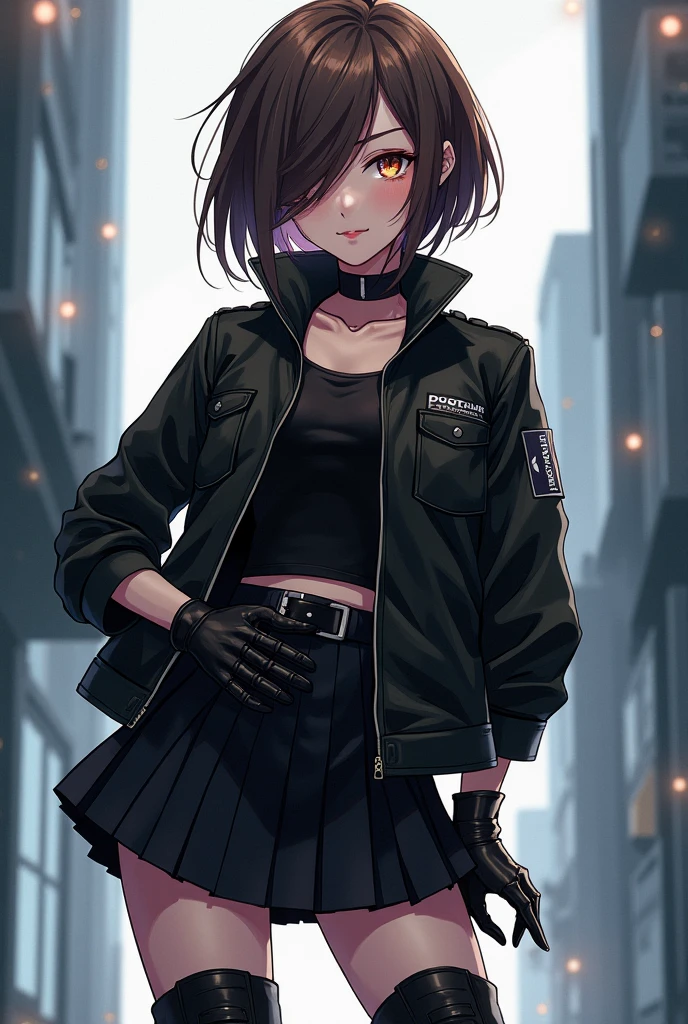 Young female, (fate)), goth style, leather black jacket, tattooed arm, black hair, tank top, cafeteria, yellow eyes, medium hair, looking at viewer, full body, smiling, anime style,