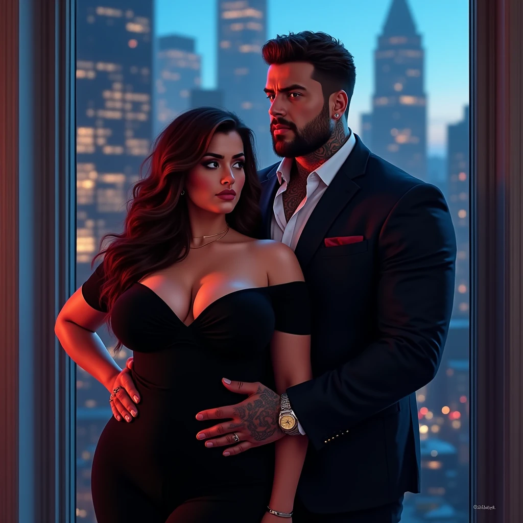 Create a chubby couple wearing mafia outfit and wearing necklace name "Luci " and "Sha " 3rd letter curve style on it. Be careful to the spelling of each letter on it. the background of fogy street