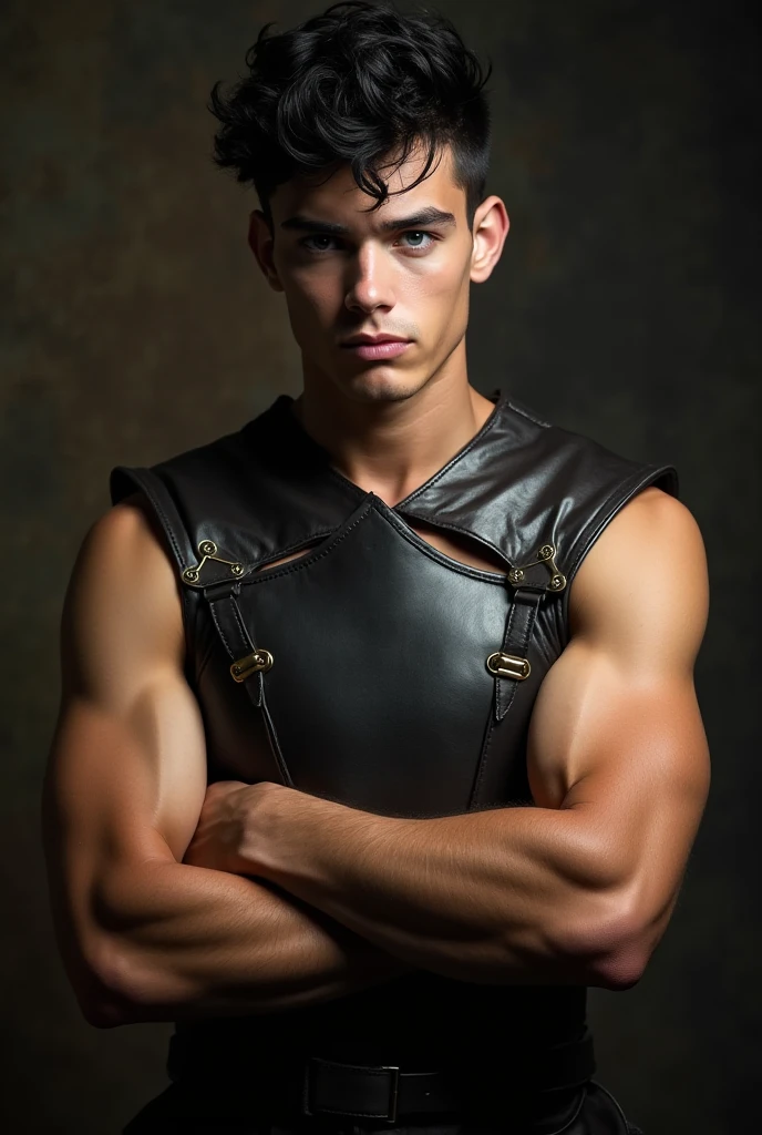 handsome age gladiator boy, short hair with undercut, leather jockstrap, aggressive pose