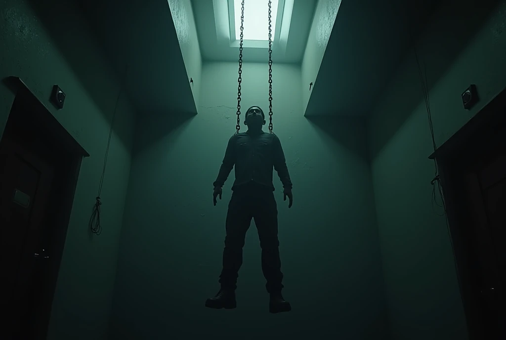 A man in a black jacket, facing back, facing away from the camera, there is a man's body hanging with chains, realistic,