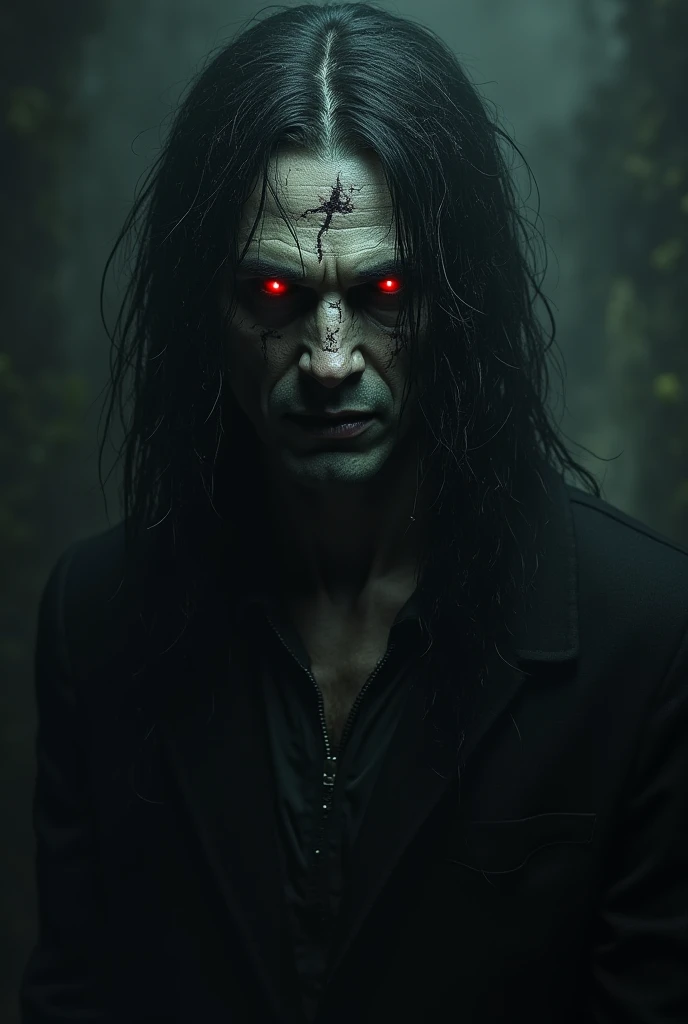 skinny man, grimdark, with glassy eyes, half of your face burned completely, the other half of the normal face without any deformity, long dark hair, middle finger with a large, grotesque nail curved like a sickle, scary environment in the middle of the forest in front of a cabin that is illuminated by the light of the full moon.
