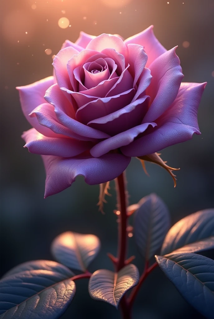 masterpiece, hyper realistic, a single purple rose with water drops in details, glow and sparkling deflect the sun rays, super detailed, UHD