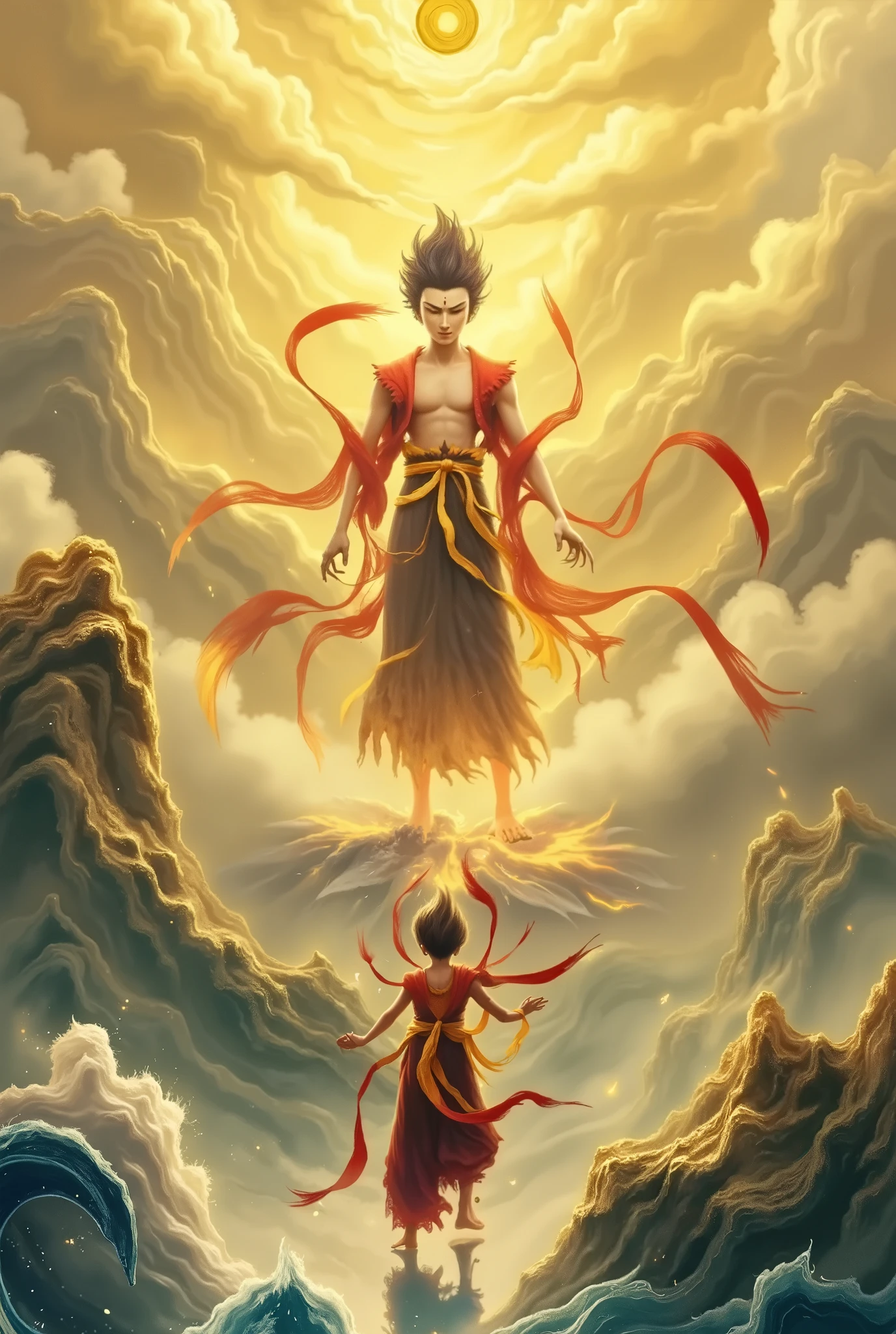Style: Traditional Chinese PaintingSubject: Nezha kneeling before BuddhaSetting: A serene, sacred mountain temple during the early morning mist, surrounded by towering pine trees, and the soft glow of dawn filtering through the mistComposition: Nezha, dressed in his traditional armor, kneels respectfully at the foot of a massive, golden Buddha statue. His eyes are humbly cast down, and his hands are in a prayer gesture. The Buddha, serene and composed, is seated on a lotus throne with a gentle smile, radiating a divine light. The landscape around them is peaceful, with flowing rivers and lush greenery, highlighting the contrast between Nezha's fiery nature and the calm presence of Buddha. A few heavenly clouds drift by, and the scene is peaceful, symbolizing the merging of strength and tranquility.Lighting: Soft, ethereal light from the Buddha creates a divine glow around Nezha, with the sunlight subtly breaking through the mist. The temple is bathed in a peaceful, golden light, adding to the sense of awe and reverence.Additional Info: The scene is infused with a feeling of spiritual growth and humility. The intricate details of the armor and the Buddha’s robes reflect the mastery of craftsmanship, and the misty atmosphere adds an air of mystery and reverence. The overall tone is one of calmness, devotion, and respect, showing a transformation in Nezha’s journey from fierce warrior to enlightened being.