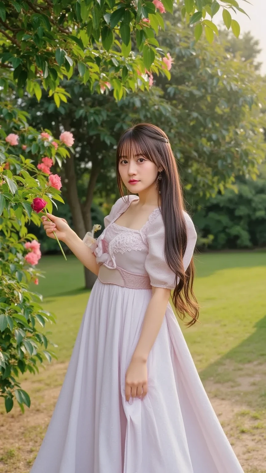 Close-up of a woman in pink dress standing in front of a flower, ulzzangs, belle delphine, zmonzheng, chiho, sakimichan, cute cute, Cute and lovely, xintong chen, young and cute girl, With long hair, shaxi, portait photo profile picture, cute beautiful, jisoo from blackpink
