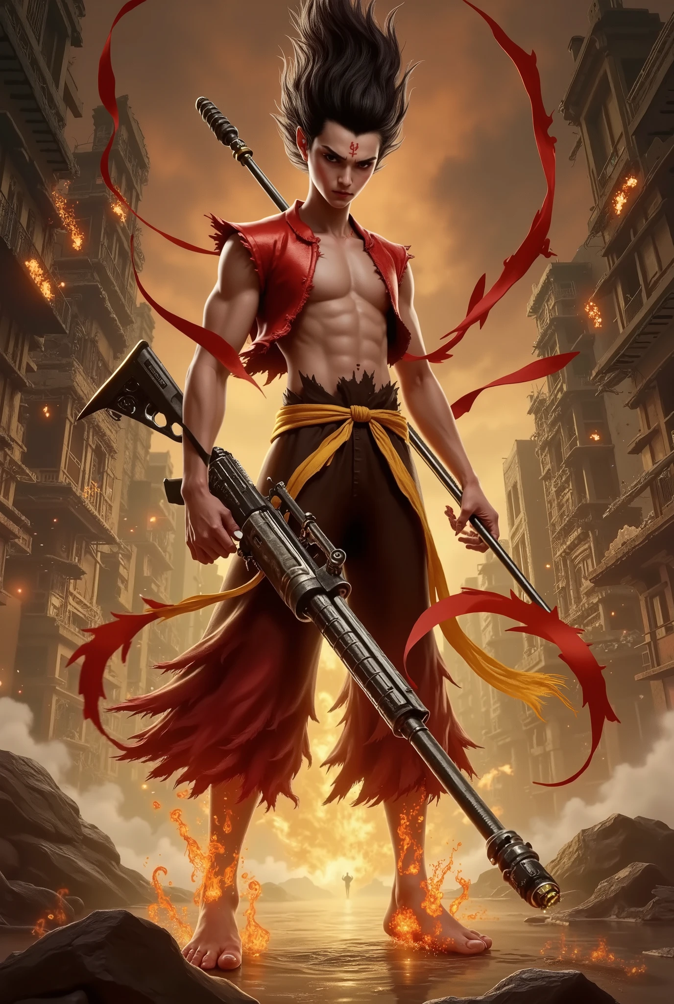 In a dystopian future, Shanghai lies in ruins, its once-glorious skyline now shattered by war and devastation. The streets are a maze of broken concrete, twisted metal, and crumbling buildings, all covered in radioactive decay. In the heart of this wasteland, Nezha, the legendary warrior from Chinese mythology, stands firm, holding a futuristic assault rifle. His fiery red armor gleams under the eerie glow of the polluted sky, his expression fierce as he faces off against a horde of mutated creatures. These grotesque monsters, born from the toxic fallout of nuclear radiation, have twisted bodies, glowing green eyes, and grotesque limbs. Their skin is scaly, cracked, and oozing a foul substance. The air is thick with smoke and radiation, creating a sense of apocalyptic chaos. Nezha's stance is powerful, his rifle raised and ready as he prepares for an intense battle. The contrast between his mythic presence and the grim, irradiated world around him highlights the struggle between the ancient and the modern, the heroic and the monstrous, in this desolate, dystopian Shanghai. The sky above is dark, with a faint glow of nuclear fallout, casting an unsettling light over the scene.