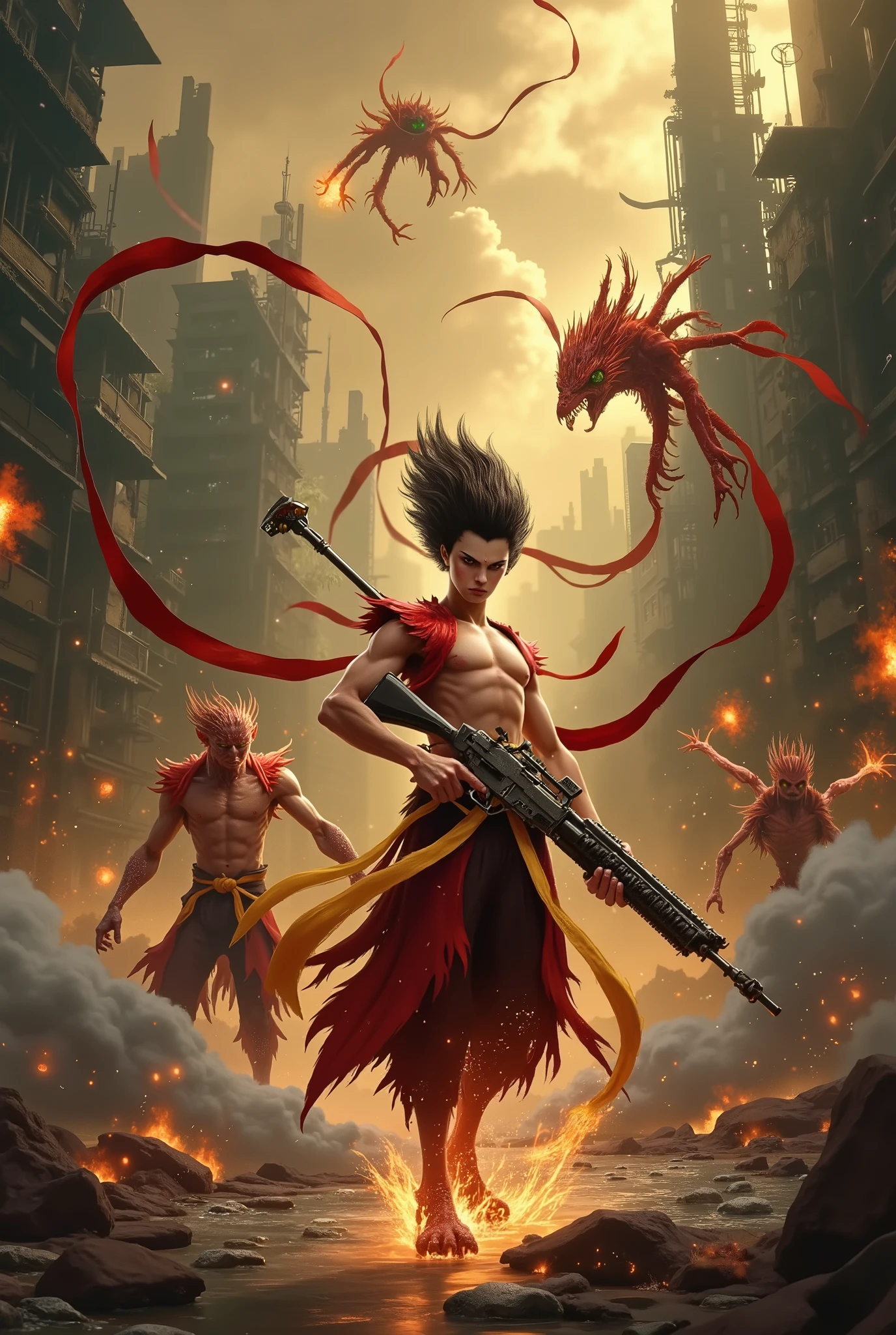 In a dystopian future, Shanghai lies in ruins, its once-glorious skyline now shattered by war and devastation. The streets are a maze of broken concrete, twisted metal, and crumbling buildings, all covered in radioactive decay. In the heart of this wasteland, Nezha, the legendary warrior from Chinese mythology, stands firm, holding a futuristic assault rifle. His fiery red armor gleams under the eerie glow of the polluted sky, his expression fierce as he faces off against a horde of mutated creatures. These grotesque monsters, born from the toxic fallout of nuclear radiation, have twisted bodies, glowing green eyes, and grotesque limbs. Their skin is scaly, cracked, and oozing a foul substance. The air is thick with smoke and radiation, creating a sense of apocalyptic chaos. Nezha's stance is powerful, his rifle raised and ready as he prepares for an intense battle. The contrast between his mythic presence and the grim, irradiated world around him highlights the struggle between the ancient and the modern, the heroic and the monstrous, in this desolate, dystopian Shanghai. The sky above is dark, with a faint glow of nuclear fallout, casting an unsettling light over the scene.