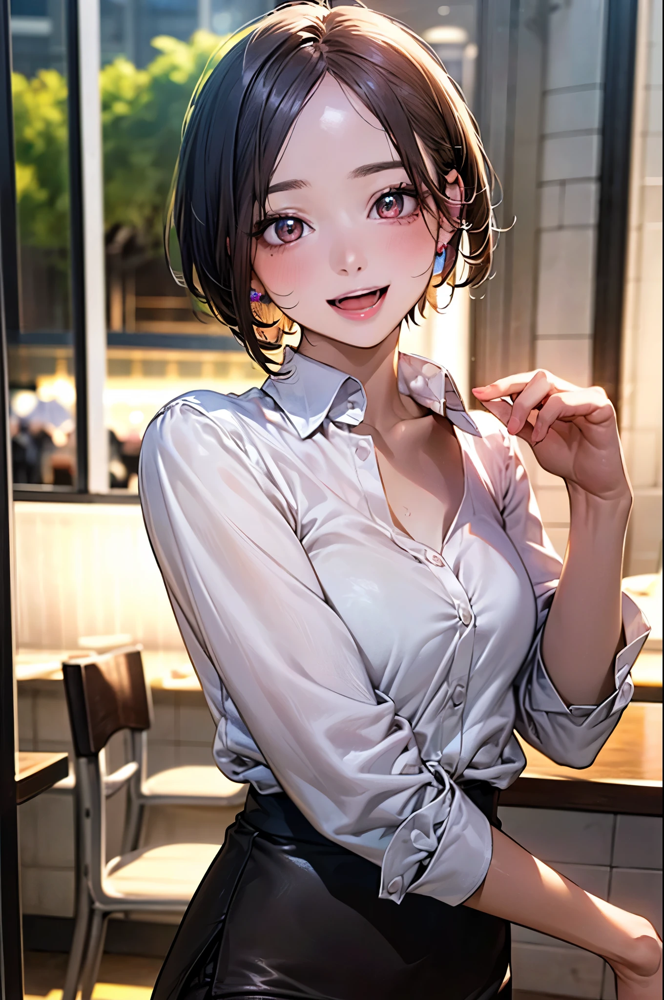 Perfect product、alone、Beauty、very cute、Black Hair, Short Bob Hair、Brown eyes , White hair band、Large Breasts、(shame:1.5)、Blue jacket、White blouse、Headphones on neck、Blue pleated skirt、Earrings、necklace、A big smile、Cowboy Shot、Best Angle、(Cafe terrace seating:1.3)、reading、Excessive sweating all over the body、Masterpiece、Professional illustrations、Professional work、Professional Lighting、Detailed face、Detailed eyes。(nsfw:1.5)、Focus on the face、Close-up of face