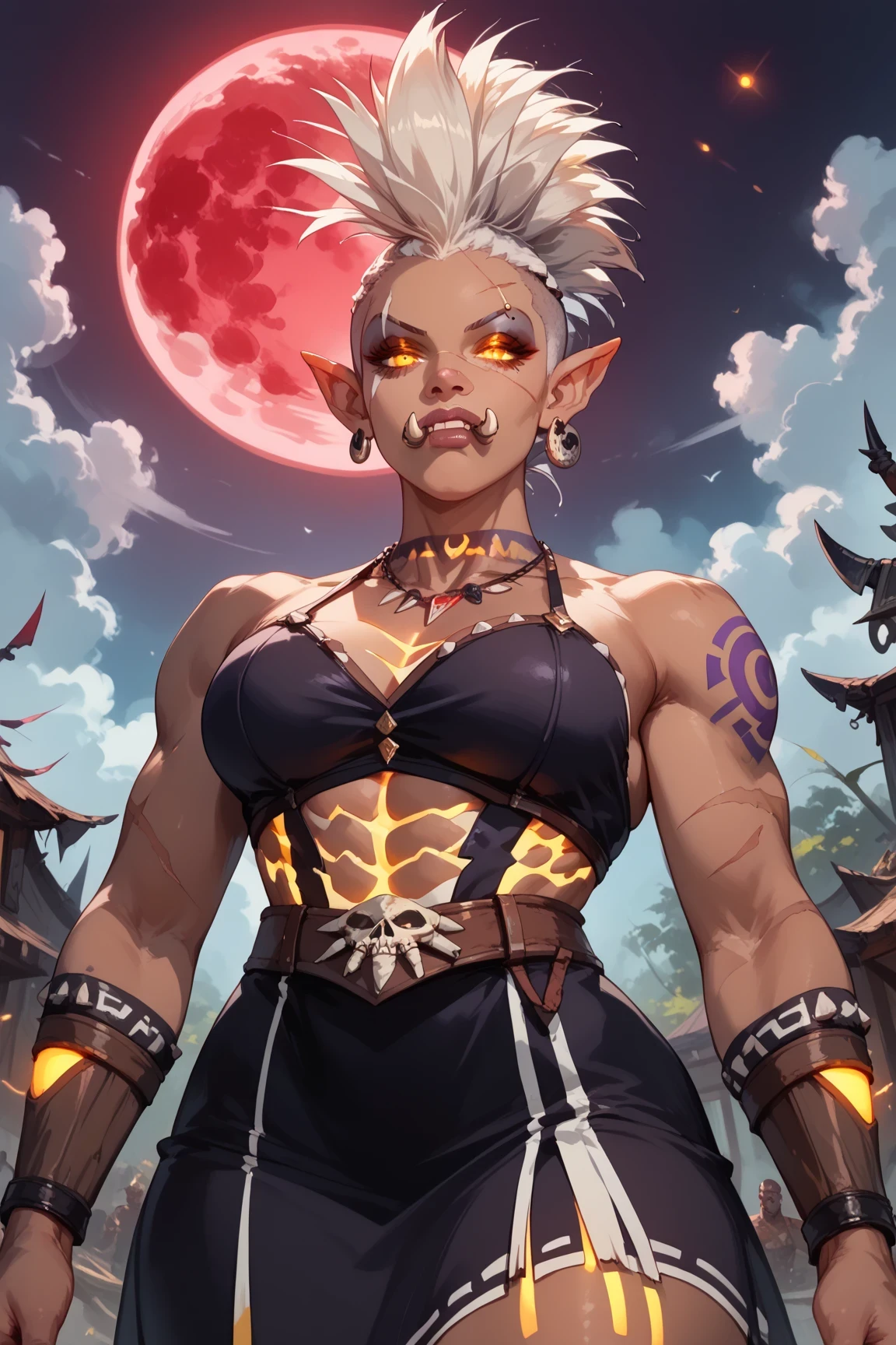 Trolls
large pointed ears, large nose, fangs
tusks, sexy beautiful female troll, toned body,, curvy, dark purple skin, white hair, (big high mohawk hairstyle:1.2), tribal tattos, sexy, ((very dark purple skin:1.1)) (dark skin:1.1) big tusks, raised eyebrow, fierce, powerful, menancing, grim, yellow glowing eyes, wearing a (dress_armor made of bones and skulls:1.4), dark, evil, macabre, , wielding a staff made of vertebras and ribcage. voodoo shaman troll, whitch doctor, shadow hunter. highly detailed face, dynamic posing, from below, battle ready, ((in a dark swamp)) covered in blood, full of scars, scars over eye, red_tribal tattoos, shredded abs, revealing armor, sexy, (from below, focus on face, portrait, close shot:1.2) ((soft light, hard highlight, red moon, backlight))
