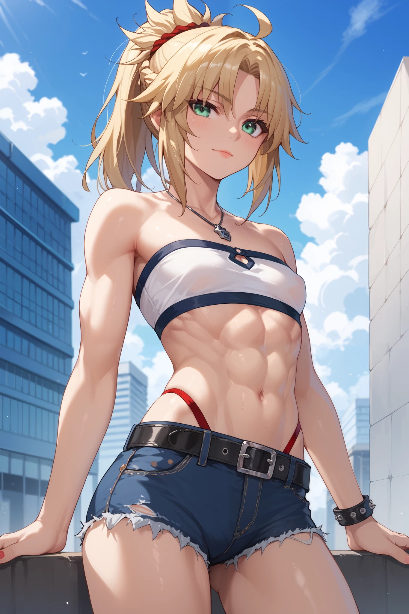 best quality, 4k, ((masterpiece)), extremely detailed, 8k, Trending on ArtStation, intricate, very high details, sharp focus, detailed background, (Fantasy City: 1.4), Roof, 1girl, floor, navel, ( blonde hair), red eyes, hair bow, red scarf, braid, short hair, small breasts, Looking at viewer, smile, belly, blonde hair, {{{very short and sexy bikini}}}, (wearing black panties very short), Gloves, Brown gloves, (muscular legs), standing