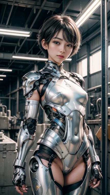 masterpiece, high quality, ultra-delailed, A female robot malfunctioning and convulsing、The model is a Japanese woman in her 40s.、Silver metallic robot body、retro design、Plump and glamorous figure、big breasts、brown hair、antenna shaped ears、green, unfocused eyes、confused look、Smoke is coming out of the female robot&#39;s body.
