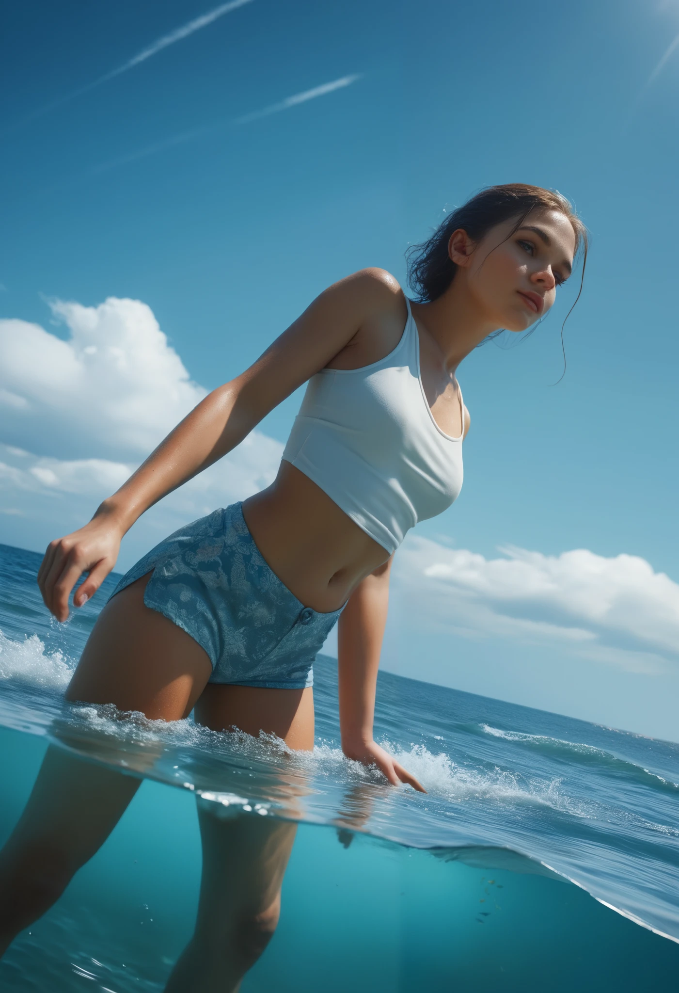 score_9, score_8_up, score_7_up, ocean, water, scenery, A split-level close-up image focusing on the flank of a stunning 50-year-old brunette woman—from just below the armpit to the beginning of the thigh. low-angle view, environment, highly detailed, film grain, A split-level in water.