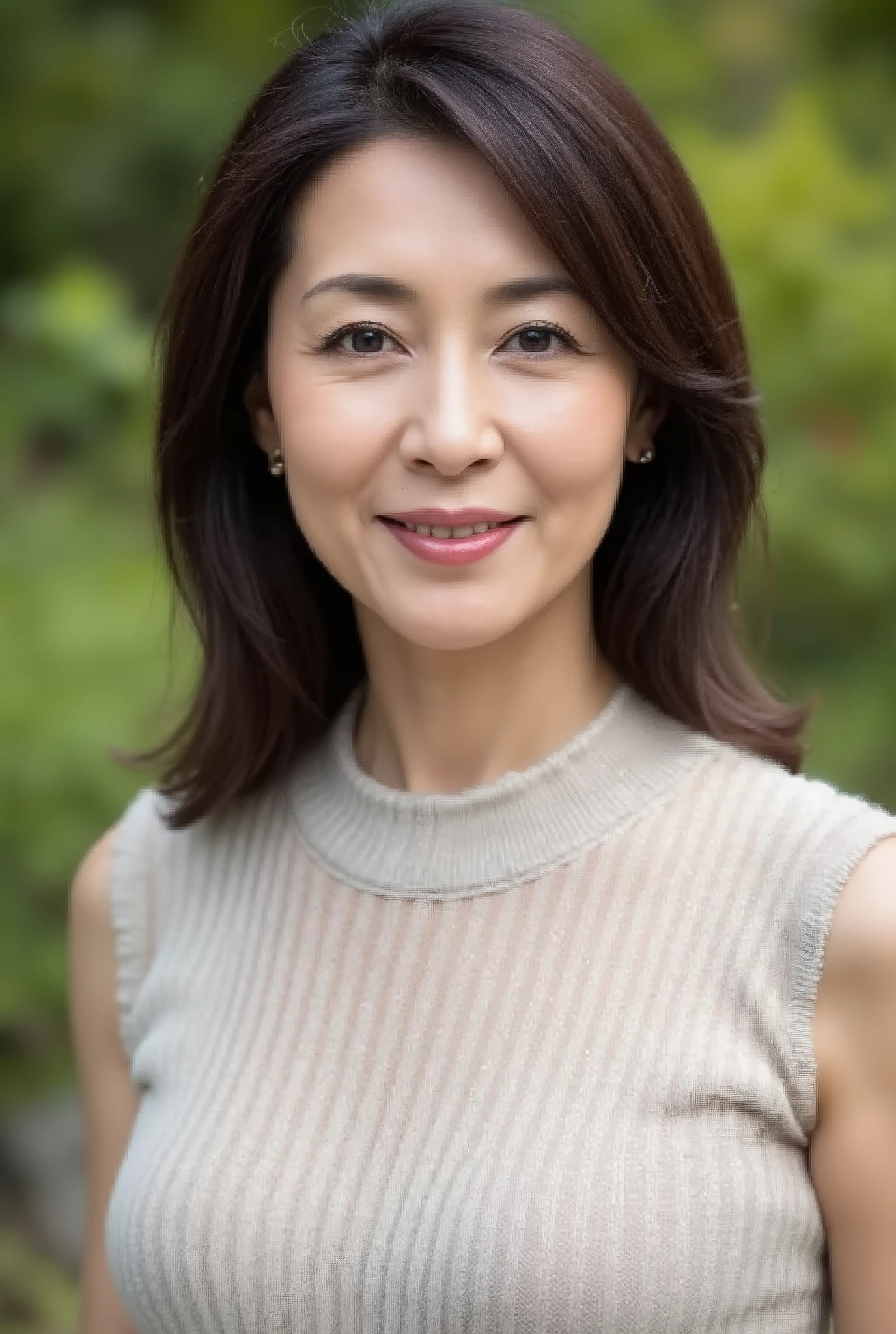 high image quality , masterpiece, top quality。Beautiful middle-aged woman standing in a park (48 years old: 1.4), ( face), wavy dark hair ,Slender and long legs, fine laugh lines: 1.2, and a bewitching smile . 。 sharp facial details , amazing beauty (Ultimate beauty), It features 、 (lipstick: 1.1), ( eyeliner: 1.2), mascara, and eyeshadow . model exudes elegance and confidence , large garden near , photo by Nomi quality ( by Nomi: 1.2, hyper by Nomi: 1.1, photo by Nomi: 1.37), Unmatched Beauty Live Venue, and formal aesthetics (1.4). The image is rendered with sharp focus (1.4), allows depth of field, and physical base rendering . Each fashion pattern has sophisticated seasonal styling, 。 The image exudes clarity and refinement 。Moss colored turtleneck sleeveless knit dress, with makeup including a blurred abstract background 、 reflects quiet refinement .The face of motherhood。
