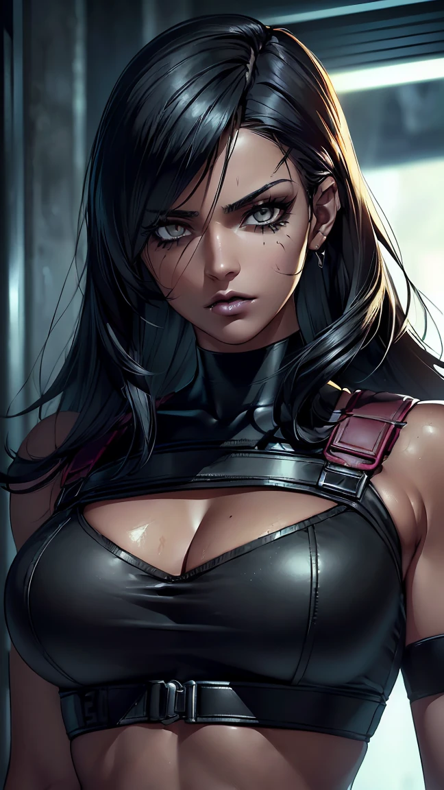 radiant lighting, vibrant colors, whimsical atmosphere, 8K, high resolution, highly detailed, masterpiece, ((my little pony)), (Hair top black bottom white), (pale body), (gray eyes) seductive face, woman's tactical gear, standing, big breasts, beautiful body