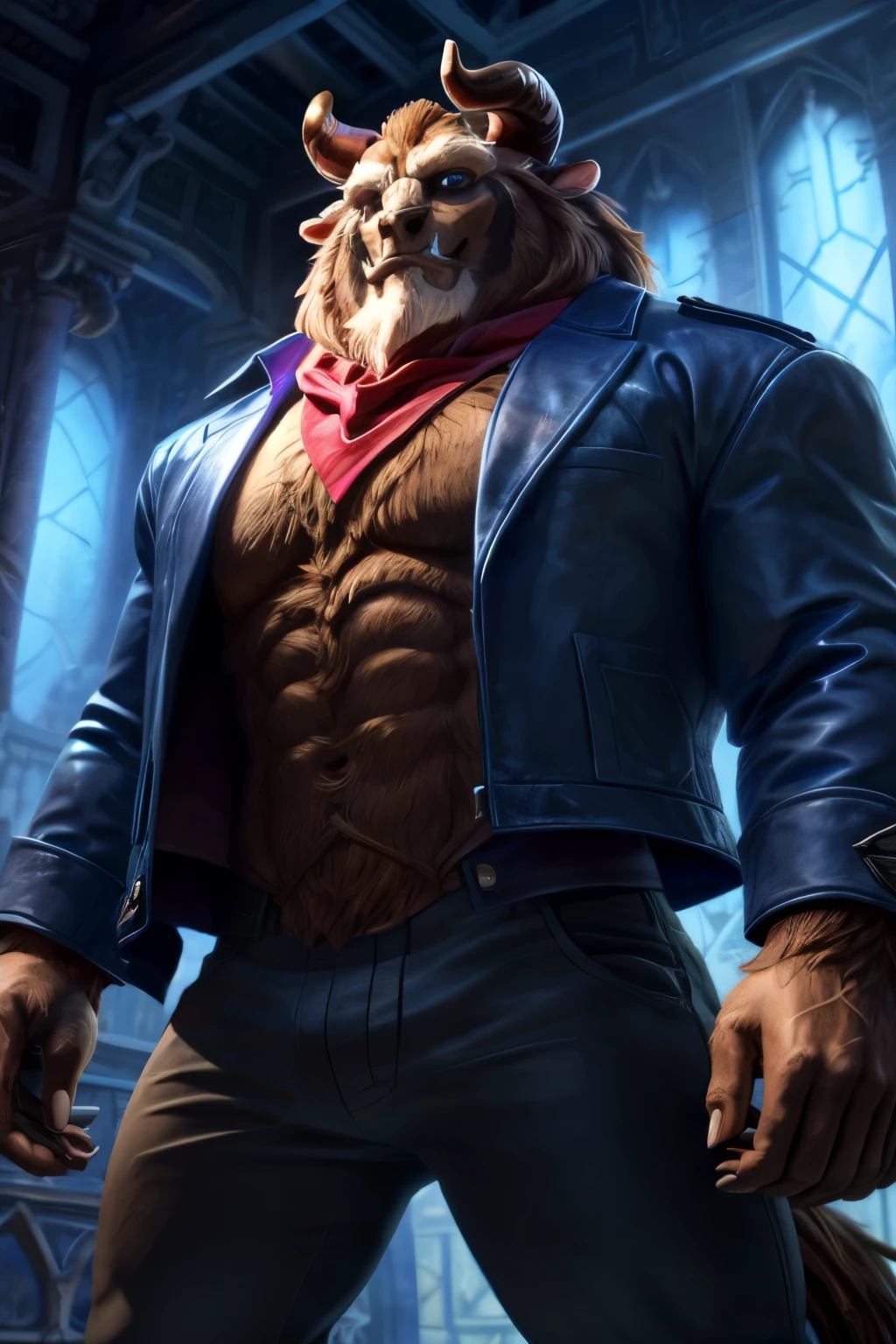 masterpiece, best quality, amazing quality, dynamic angle, dutch angle, abstract background, BREAK solo, male, dizbeast, furry, male, muscular male, brown fur, blue eyes, horn, animal ears, blue jacket, ascot, pants, BREAK