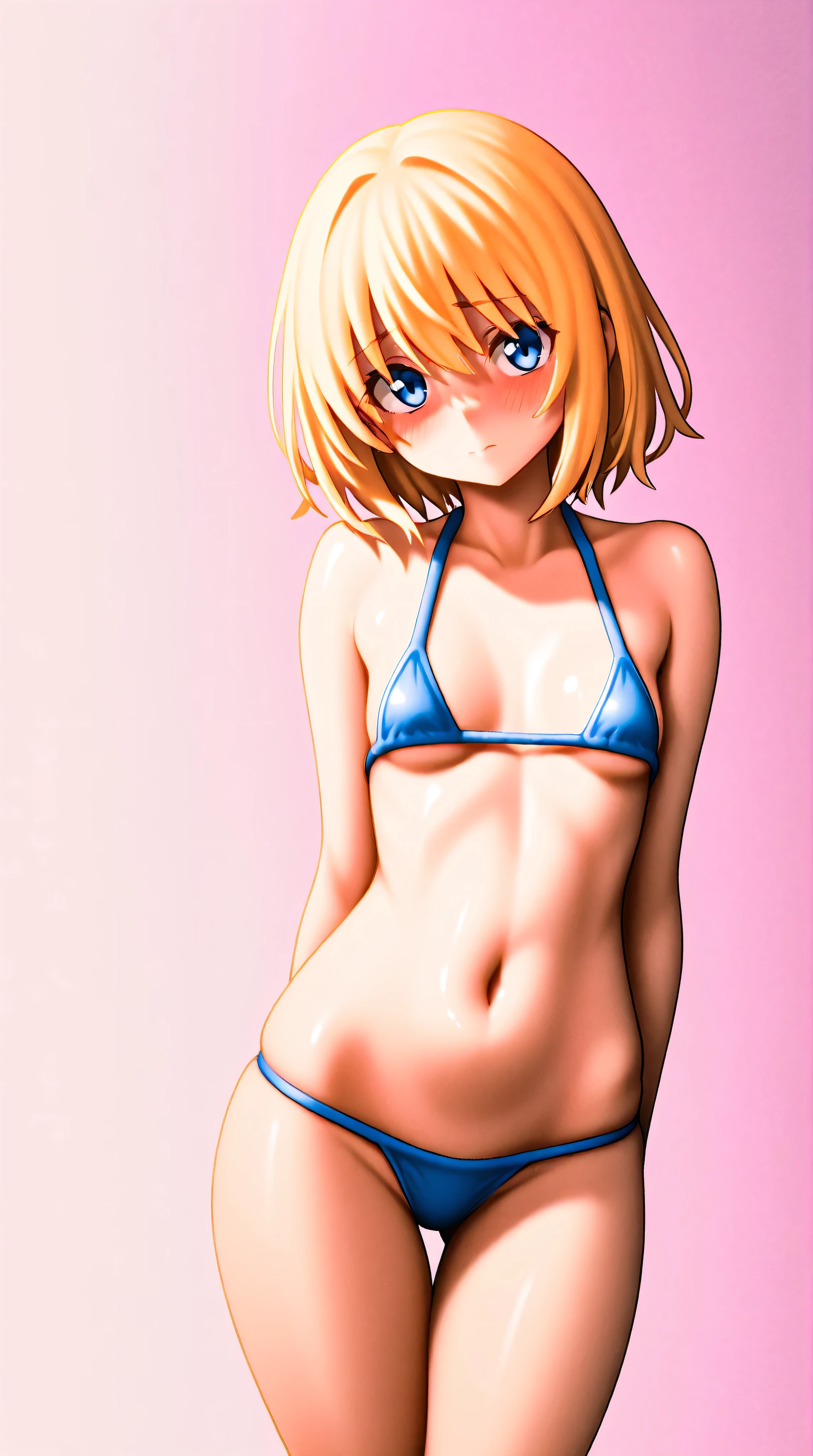 (masterpiece), (best quality), (ultra-detailed),(Style Princess:0.8), Solo, (1girl), single, The face is round and cute, (Dot pattern Panties), ( light blue panties), light blue bra, ultra-small panties, Exposed shoulders, Exposed thighs, only panties and bra, Nudie, (Plain panties), (Wrinkled_Panties), extreamly detailed crotch, Crotch line, Standing, Well-endowed, breasts,(Angle from below), chuckle, My cheeks are red.Overreaction:The girl's surprised expression was、Improbable overreaction.Drawn like a manga or anime。 Cheeks and hands are depicted,yellow Hair, braid, (graffiti murals wall background:1.15), Brilliant Colorful Paintings, bloom, Against Wall, Bangs, reflection