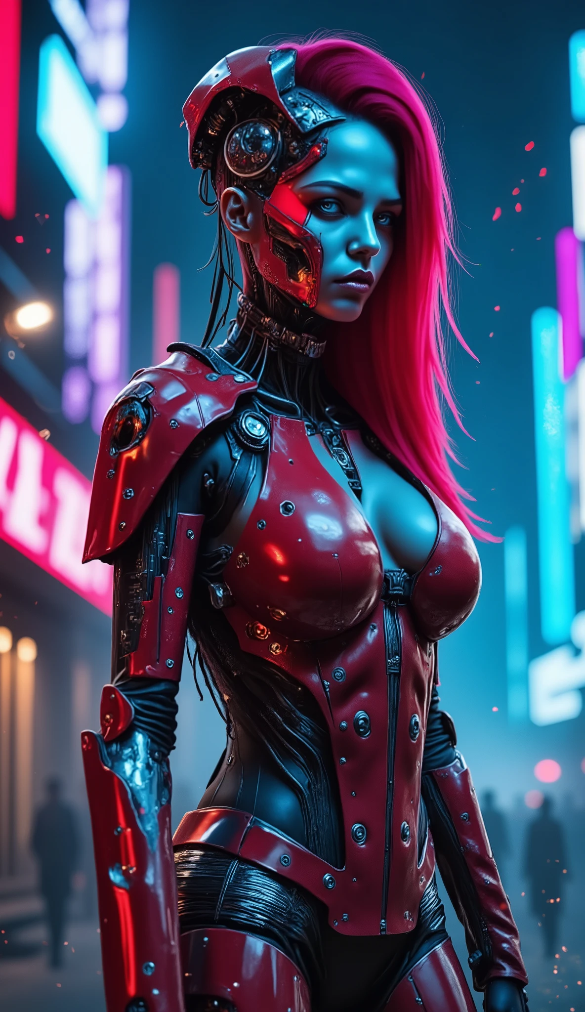 A highly detailed cybernetic warrior woman in red armor with biomechanical elements, glowing blue eyes, and long flowing red hair. Her armor is sleek, segmented, and futuristic, covering her body with intricate metallic plating and exposed mechanical joints. Her face is partially covered by a red cyber mask with black and silver mechanical components, giving her a fierce and intimidating look.
The background features a futuristic cyberpunk cityscape at night, illuminated by neon lights in red, blue, and purple tones. The skyline is filled with towering skyscrapers, digital billboards, and holographic projections. The air is thick with mist, and small embers float around, adding to the intense atmosphere. The scene is dynamic, with a sense of motion as if she just emerged from a battle, splashes of red digital ink scattered around her.
Art style: ultra-realistic cyberpunk, high-definition 16K, intricate detailing, dramatic lighting, cinematic composition.
