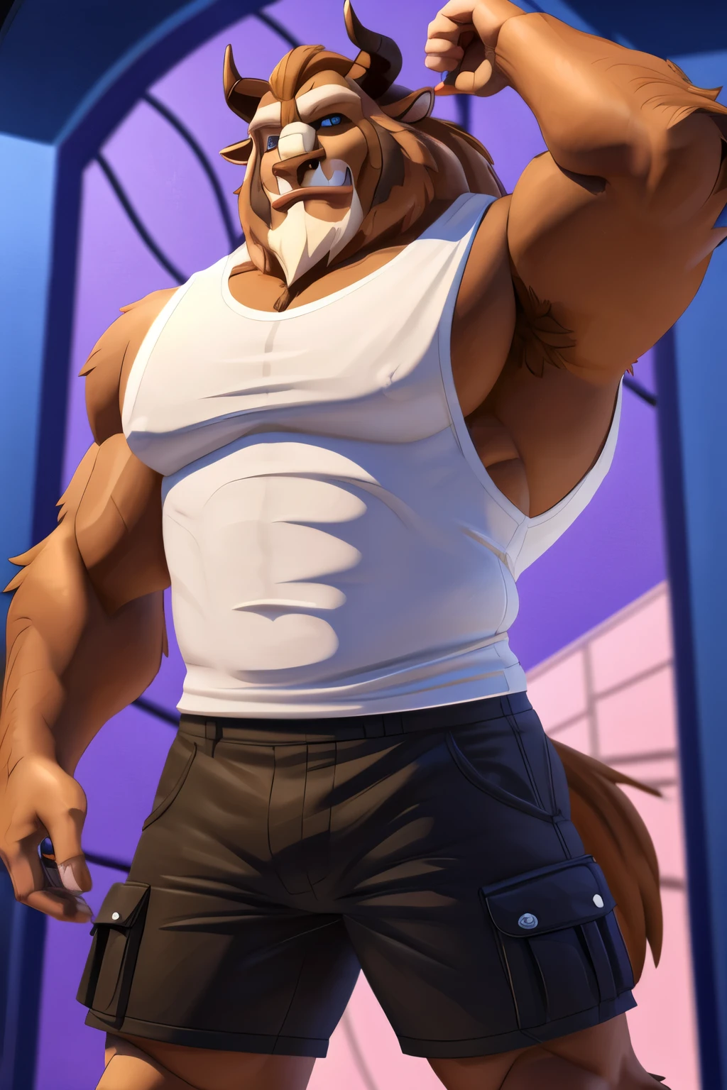 masterpiece, best quality, amazing quality, dynamic angle, dutch angle, BREAK standing, solo, male, bara, huge pectorals, dizbeast, brown fur, horns, facial hair, blue eyes, animal ears, white tank top, cargo shorts, tail, upper body focus, BREAK riccardi_style stainedglass flat color, vztdzsxx, vector art sz3d3k wfastyle tk_style public restroom