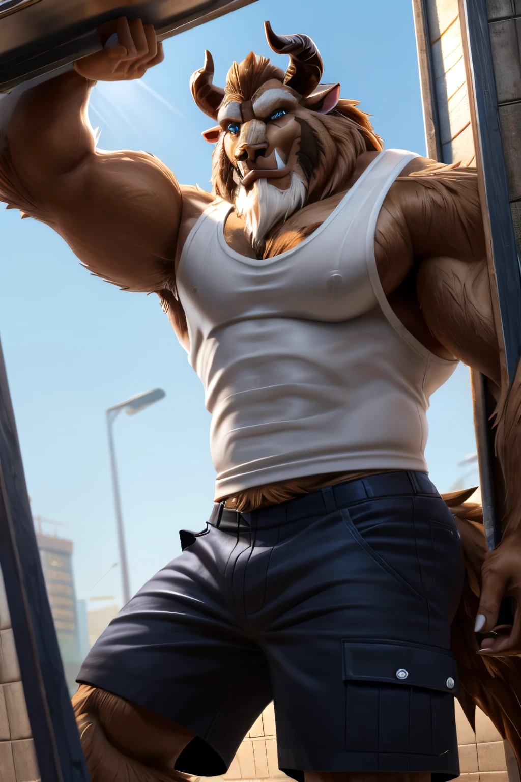 masterpiece, best quality, amazing quality, dynamic angle, dutch angle, BREAK standing, solo, male, bara, huge pectorals, dizbeast, brown fur, horns, facial hair, blue eyes, animal ears, white tank top, cargo shorts, tail, upper body focus, BREAK riccardi_style stainedglass flat color, vztdzsxx, vector art sz3d3k wfastyle tk_style public restroom