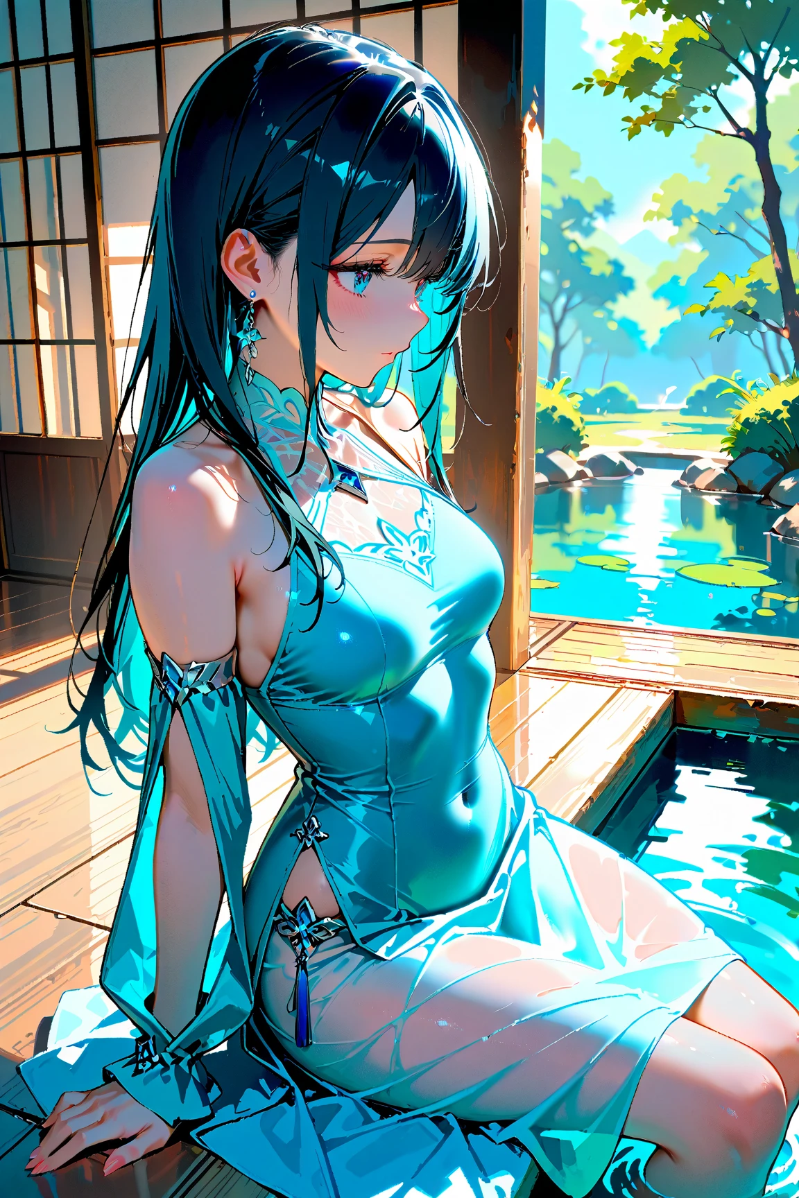 Anime girl sitting in water, nude, lake and mountains in background, Alena Ainami and art germ, beautiful digital artwork, beautiful goddess, detailed digital anime art, beautiful and alluring anime woman, beautiful avatar picture by Yang J, Alice X. Chang, digital anime illustration, digital art on Pixiv, close-up fantasy with water magic, seductive anime girl