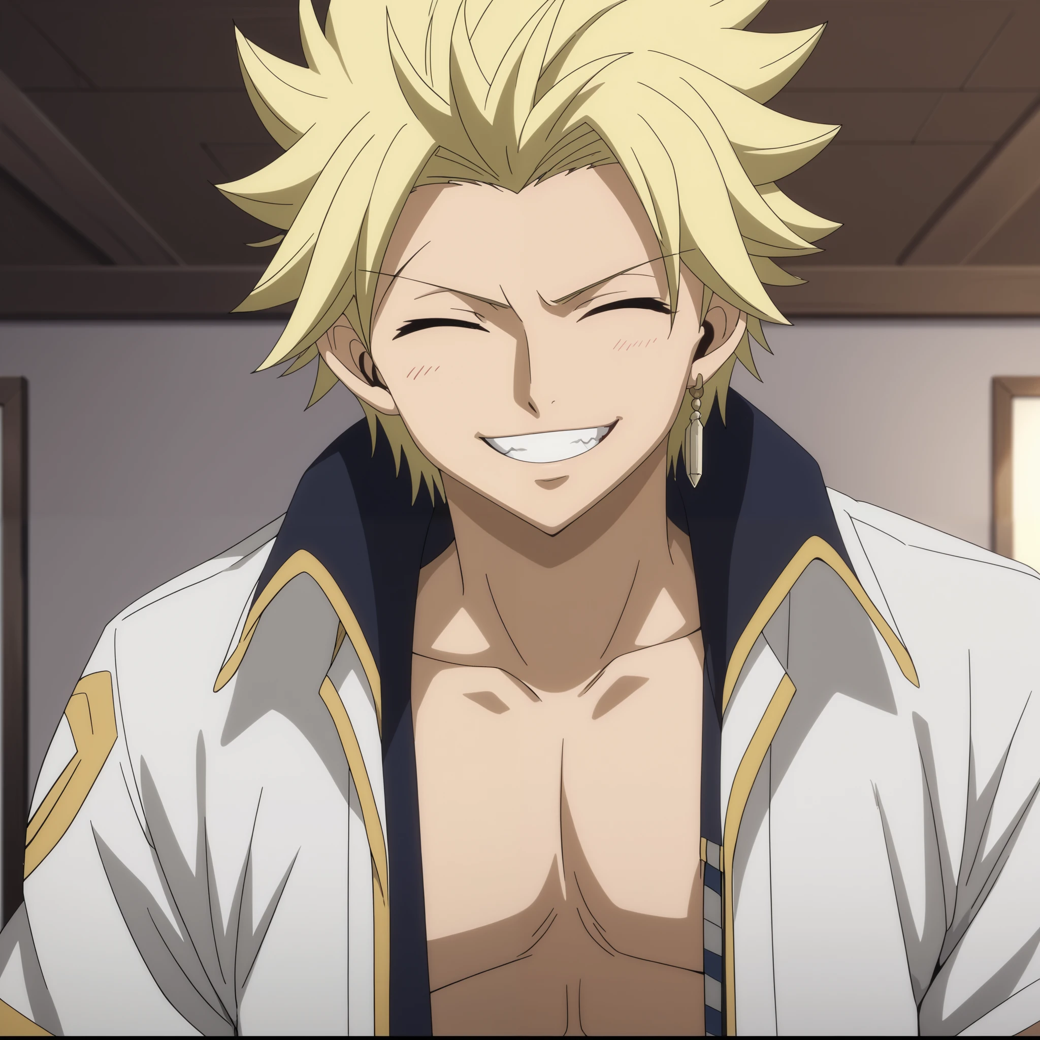 close-up, looking at viewer, score_9, score_8_up, score_7_up, source_anime, StingFT, Sting blonde hair, light yellow Sting, 1boy, male focus, anime screencap, a white men's jacket with black details, which fits his athletic figure. Underneath, he wears a black long sleeved T-shirt. His pants are dark and tight fitting, and he completes the look with white fingerless gloves that add a modern touch. He also usually wears a belt with a decorative buckle, Official style, smile, happy, closed eyes, smile showing closed teeth