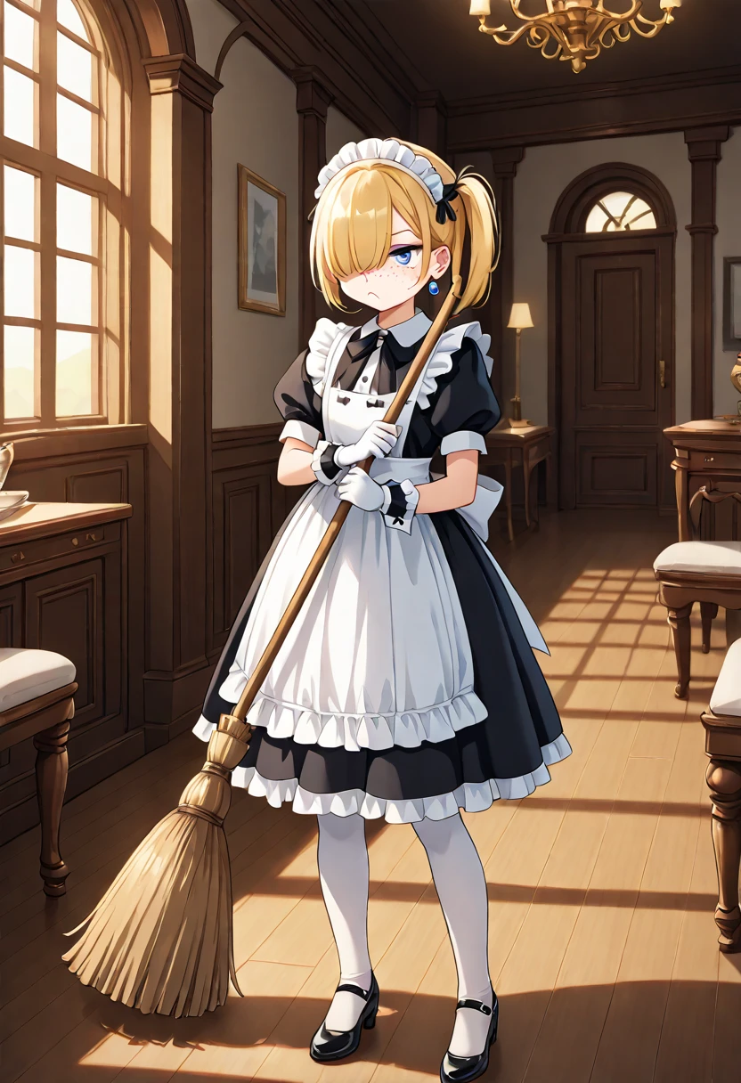  1girl , Alone, masterpiece, best quality, (anime art style:1.0), [SDxl] "Hair over eyes" helper / Blindfold aid, blonde hair, straight hair, side ponytail, earrings, pouting, blue eyes, freckles, short hair, (maid), maid headdress, white frilly gloves, holding a broom in her hand, expensive looking furniture, indoors, mansion indoors/landscape, Cute Maid Dress (xl), wrist cuffs, white leggings, black Mary jane shoes, cute girl, hair over eye, fair skin