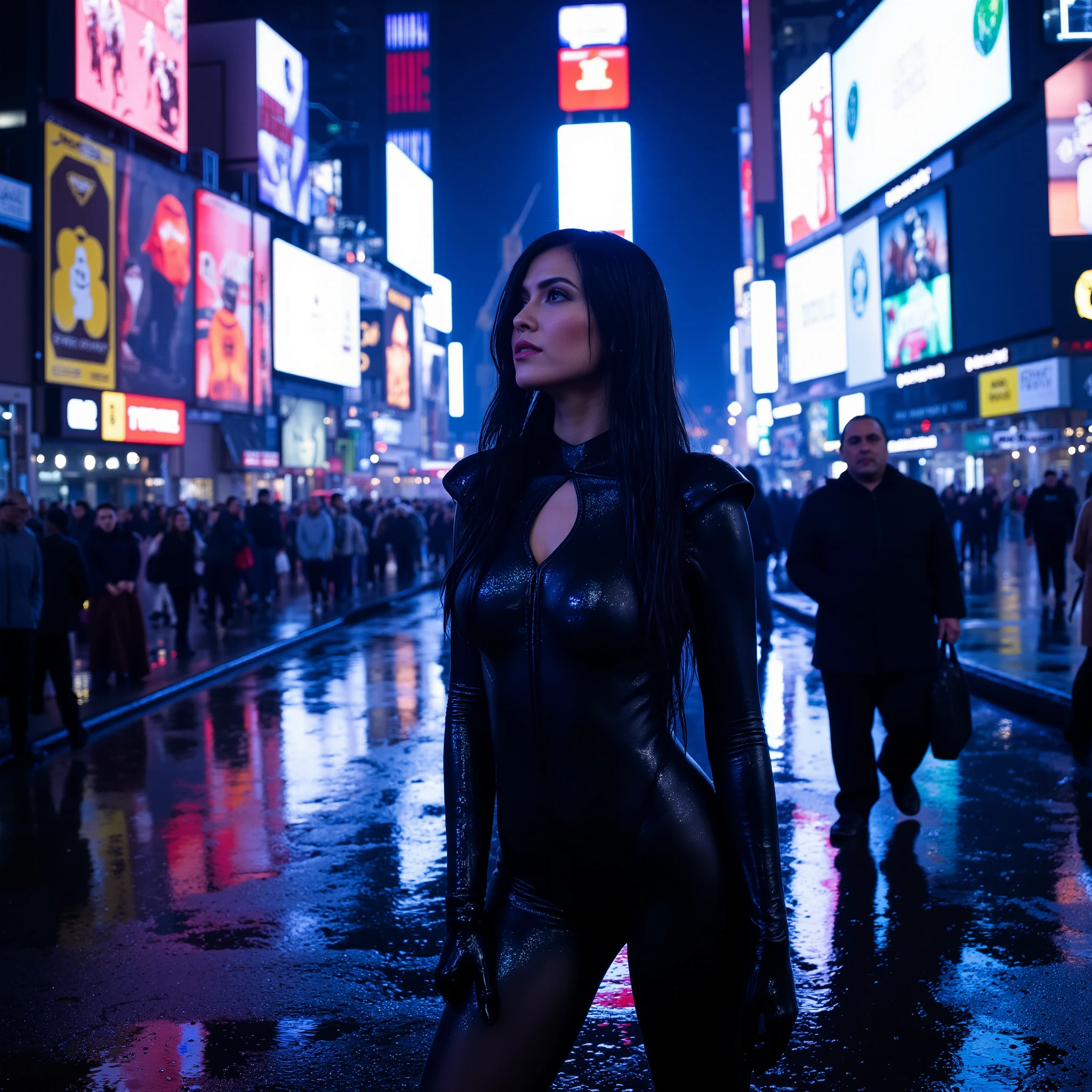 A cinematic nighttime photography of urban scene in Times Square, New York, under a rainy and mysterious atmosphere. The wet ground reflects the vibrant lights of the LED signs and billboards, creating a dynamic and futuristic visual effect. The color palette is dominated by cool tones of blue and purple, contrasting sharply with the reds and yellows of the advertising panels. In the foreground, feature a beautiful woman with long dark hair, wearing a sleek black catsuit. She stands with confidence, her outfit glistening with rain droplets. Some people walk down the street, dressed in dark clothes, reinforcing the feeling of a city in constant movement. The strong lighting and the reflections on the ground add to the drama of the composition, making the image visually captivating and immersive.