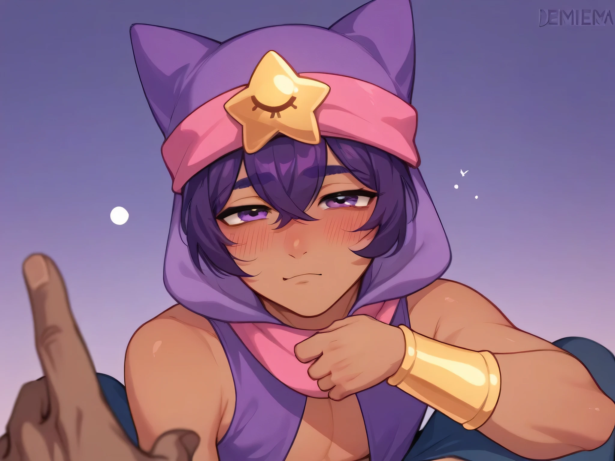 Sandy, 1boy, hood, purple hair, dark-skinned male, male focus, arabian clothes, male focus, upper body, (:1.2), sleeveless, sleepy, femenine male, femboy, cute face, solo male, full body, purple pants, twink, cute male, pov, looking at viewer, cute happy face, in love, slightly blushing.