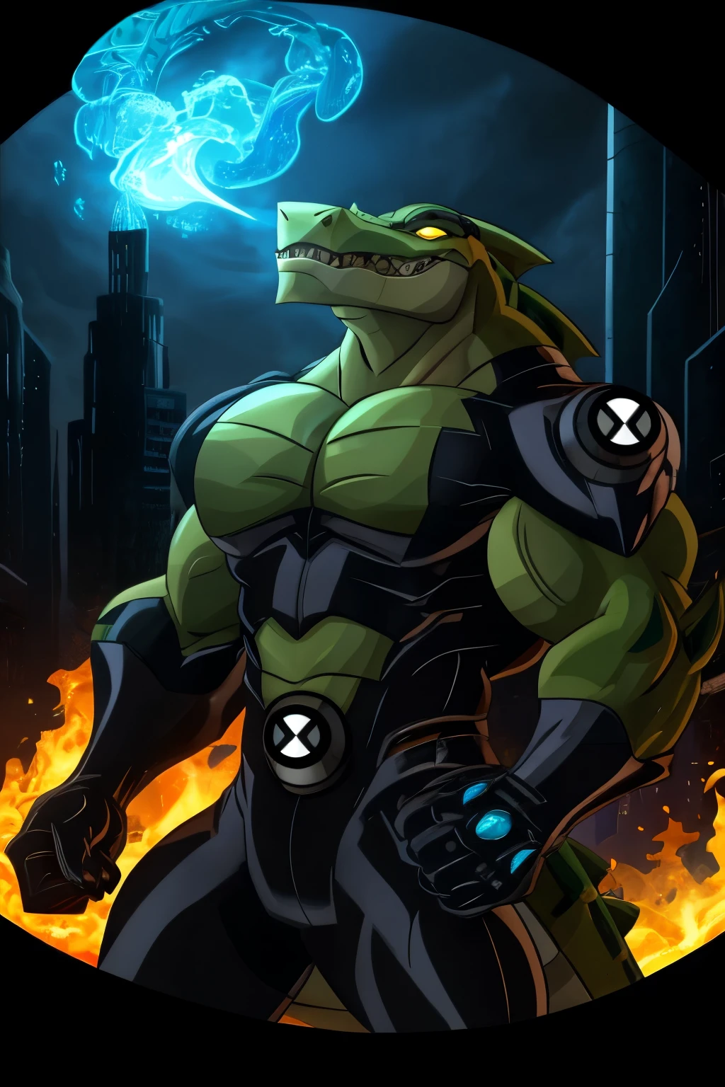 ben10, gator, crocodile, multiple arms, breathing fire, minitaur, bull, anthro, shark, masterpiece, best quality