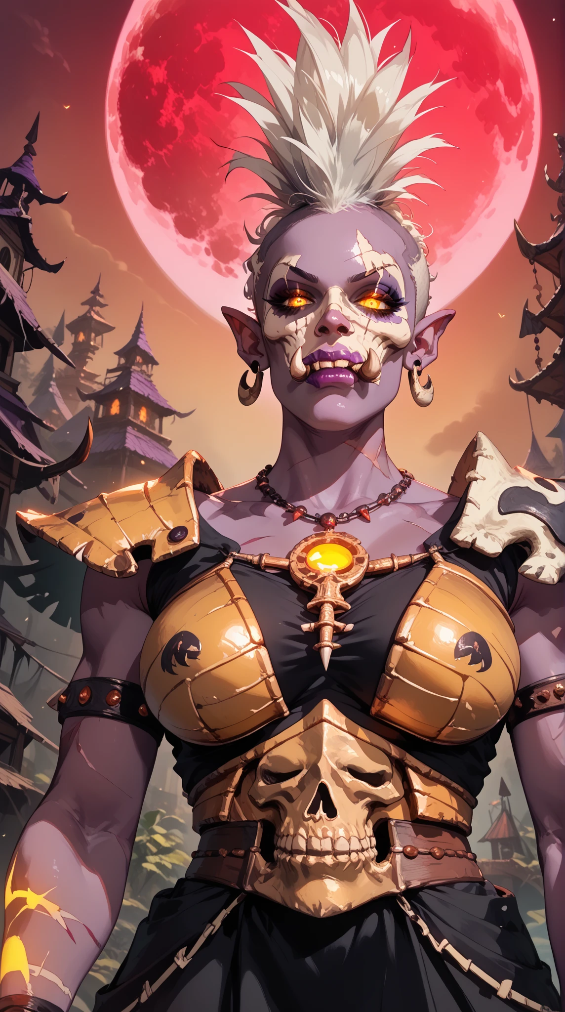 Trolls
large pointed ears, large nose, fangs
tusks, sexy beautiful female troll, toned body,, curvy, dark purple skin, white hair, (big high mohawk hairstyle:1.2), tribal tattos, sexy, ((very dark purple skin:1.1)) (dark purple skin:1.1) big tusks, raised eyebrow, fierce, powerful, menancing, grim, yellow glowing eyes, wearing a (dress_armor made of bones and skulls:1.4), dark, evil, macabre, , wielding a staff made of vertebras and ribcage. voodoo shaman troll, whitch doctor, shadow hunter. highly detailed face, dynamic posing, from below, battle ready, ((in a dark swamp)) covered in blood, full of scars, scars over eye, red_tribal tattoos, shredded abs, revealing armor, sexy, (from below, focus on face, portrait, close shot:1.2) ((soft light, hard highlight, red moon, backlight)) ((armor made of skulls, bones and ribcage))