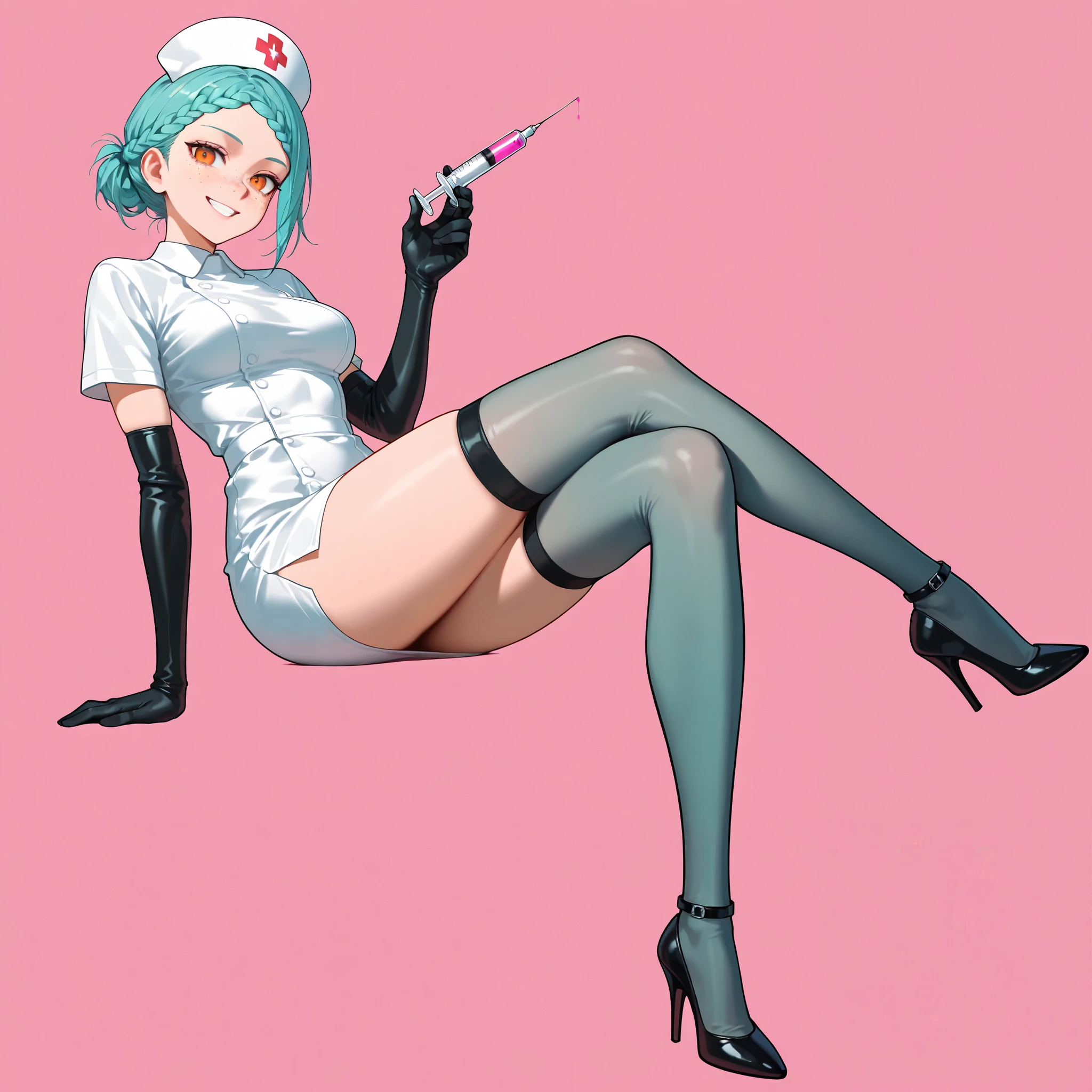 1girl, ((solo:1.4)), aqua hair, short hair, braided bangs (hairstyle), calm, BREAK, orange eyes, freckles, medium breasts, BREAK, 1girl collared_dress crossed_legs dress elbow_gloves full_body gloves grin hat high_heels holding holding_syringe invisible_chair nurse nurse_cap pink_background short_dress short_sleeves side_slit sitting smile solo syringe thighhighs