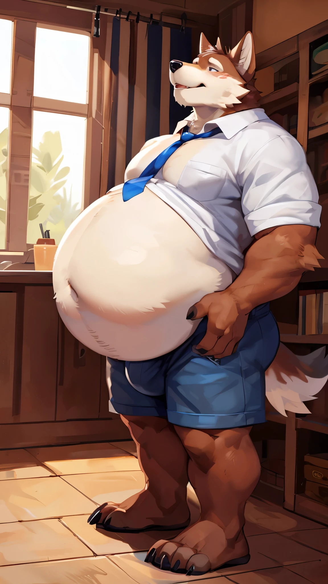 (two characters),4k ultra quality, 4k full body view,ultra high detailed body,kemono (wolf),cute face,charming body,chubby body,chubby face, enormous body,by mystikfox61, by glitter trap boy, by bebebebebe,by morethreedee, by seibear,thick thigh,chubby thigh,thicc thigh,thick legs,chubby legs,thicc legs,enomorous thigh,massive thigh,massive legs,detailed thigh,wide thigh,thick butt,sharp nails,detailed face,enomorous thigh,detailed paws,thick paws,chubby paws,(loose shirt), (unbuttoned shirt), (white shirt), (wearing tie),feral legs,(loose shorts),tight bulge,tired,fat,giga,ultra enomorous body,ultra wide body,hyper penis,(small head),(musclegut),strong physique, very muscular,(round belly:1.2),(hyper belly:1.3),(very large huge belly:1.2),(handsome face),(perfect anatomy),(hyper bulge)
,detailed bulge ,side view,standing in a house